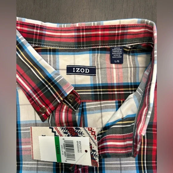 Men’s IZOD long sleeve button shirt vanilla ice pattern red white plaid NWT L - Picture 3 of 8